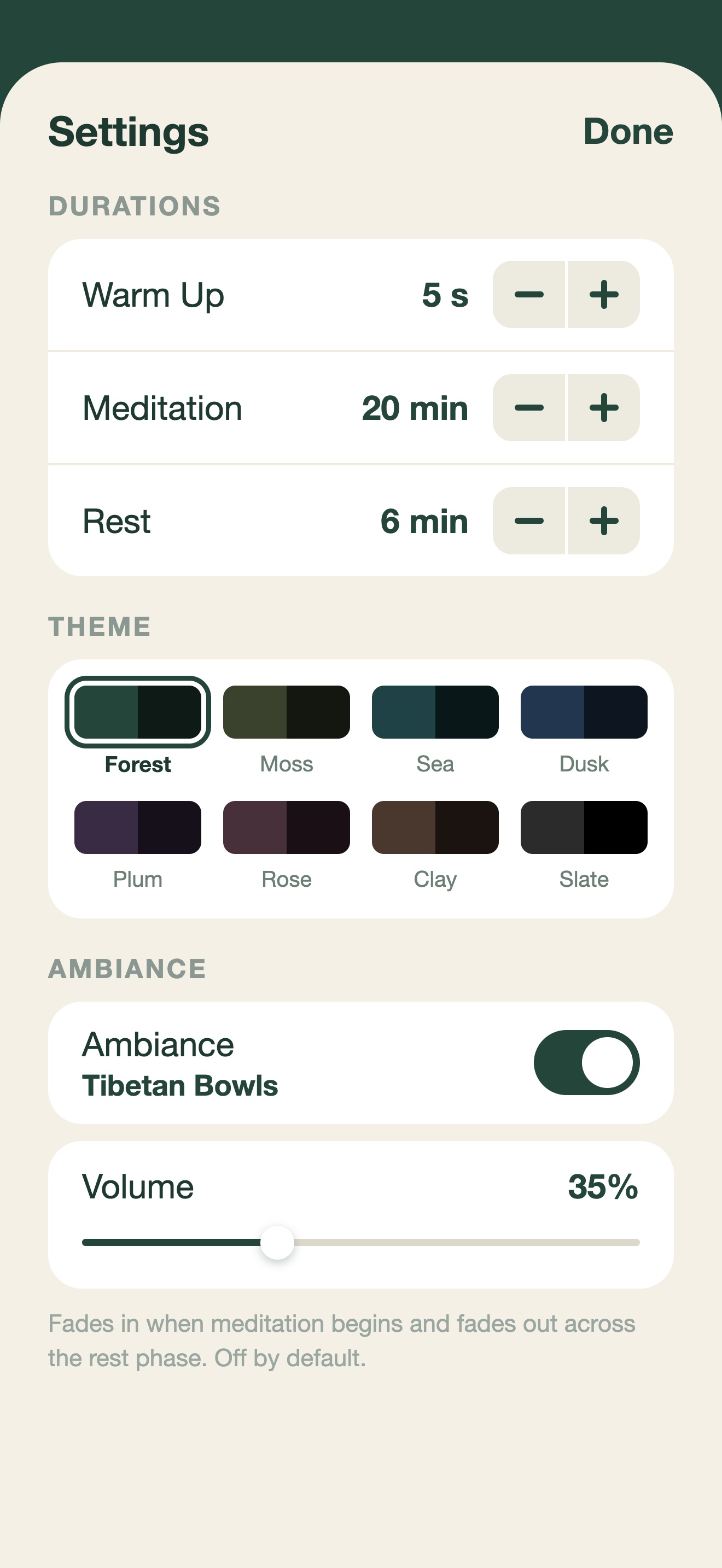 Durations, themes and ambiance in Settings